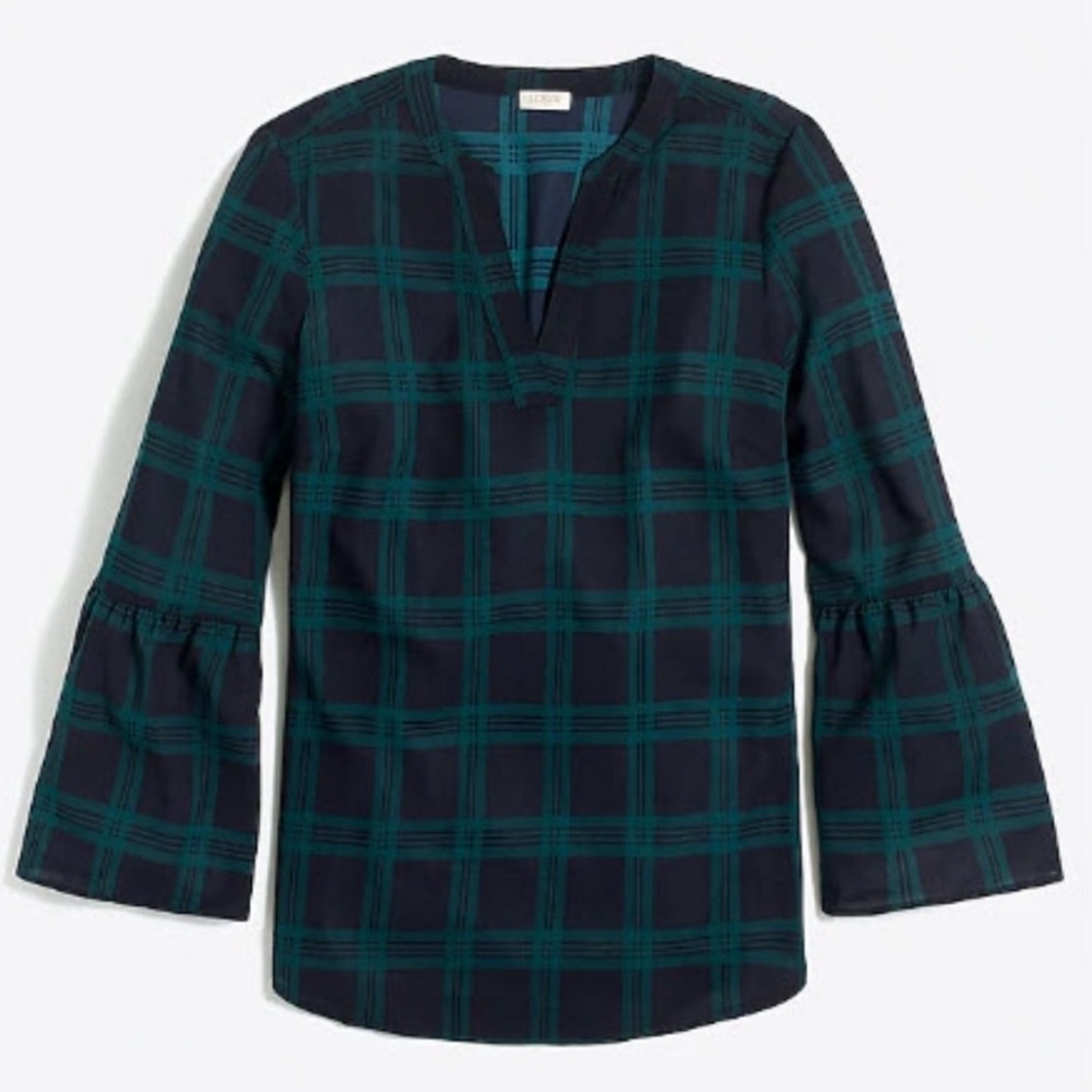 J Crew Blouse Women's Small Blue Green Tartan Bell‎ Sleeve V-neck Semi Sheer